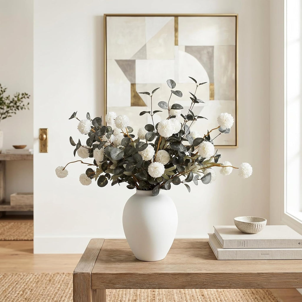 White Artificial Flowers & Greenery With Vase, Faux Floral Arrangement Centerpiece for Dining Table, Realistic Silk