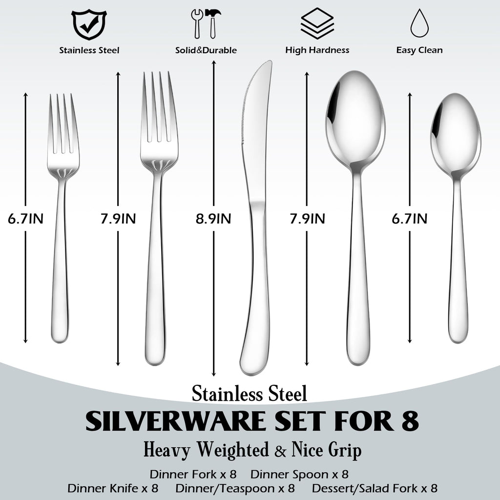 40-Piece Silverware Set for 8, Heavy Duty Stainless Steel Flatware
