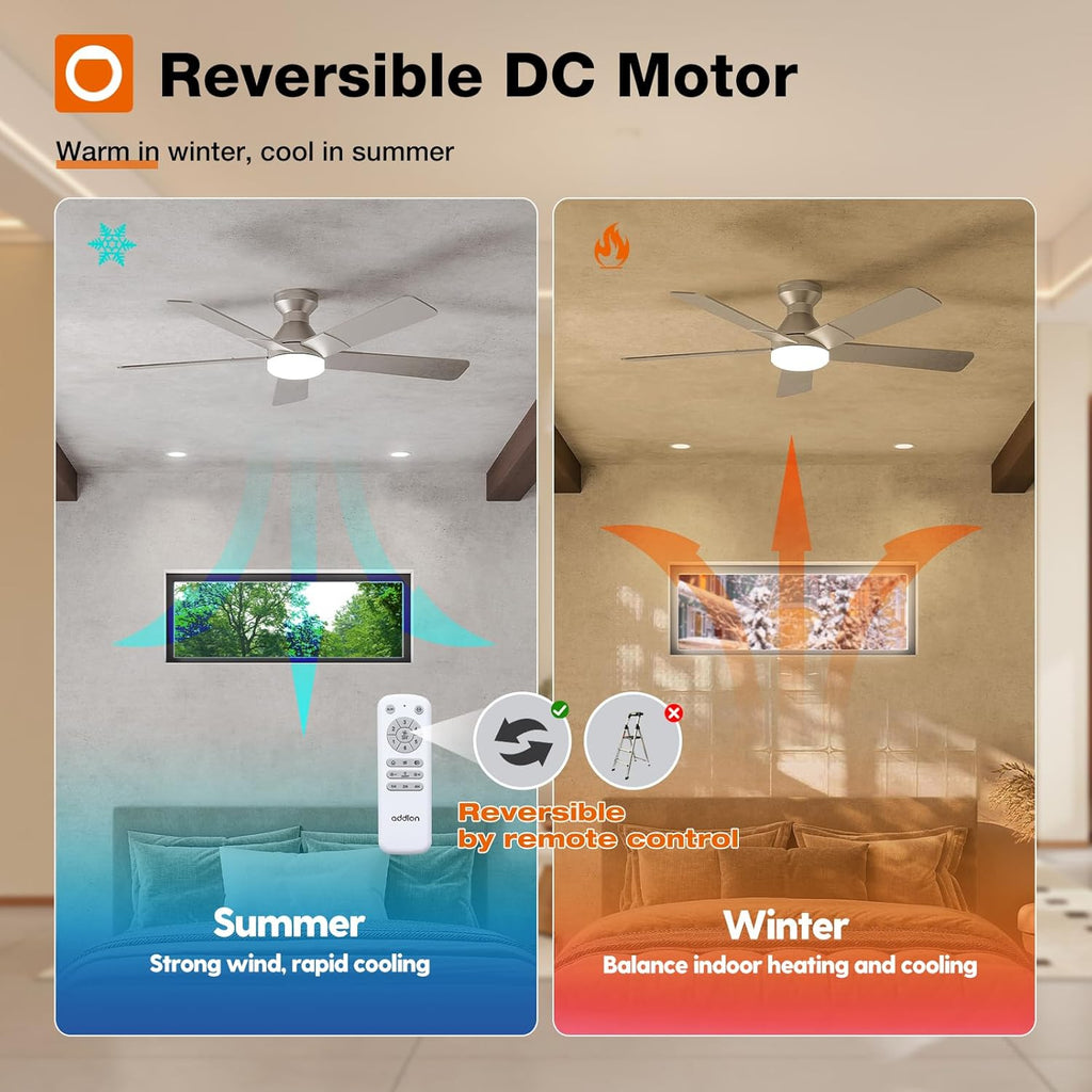 Ceiling Fans with Lights, 52 inch Low Profile Ceiling Fan with Light and Remote Control, Flush Mount, Reversible, 3CCT, Dimmable, Noiseless, Nickel Ceiling Fan for Bedroom, Indoor/Outdoor Use