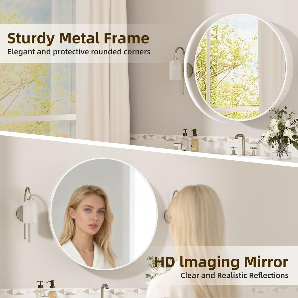 30 x 30 Inch Round White Mirror Medicine Cabinet Surface Mounted, Circular Modern Bathroom Medicine Cabinet with