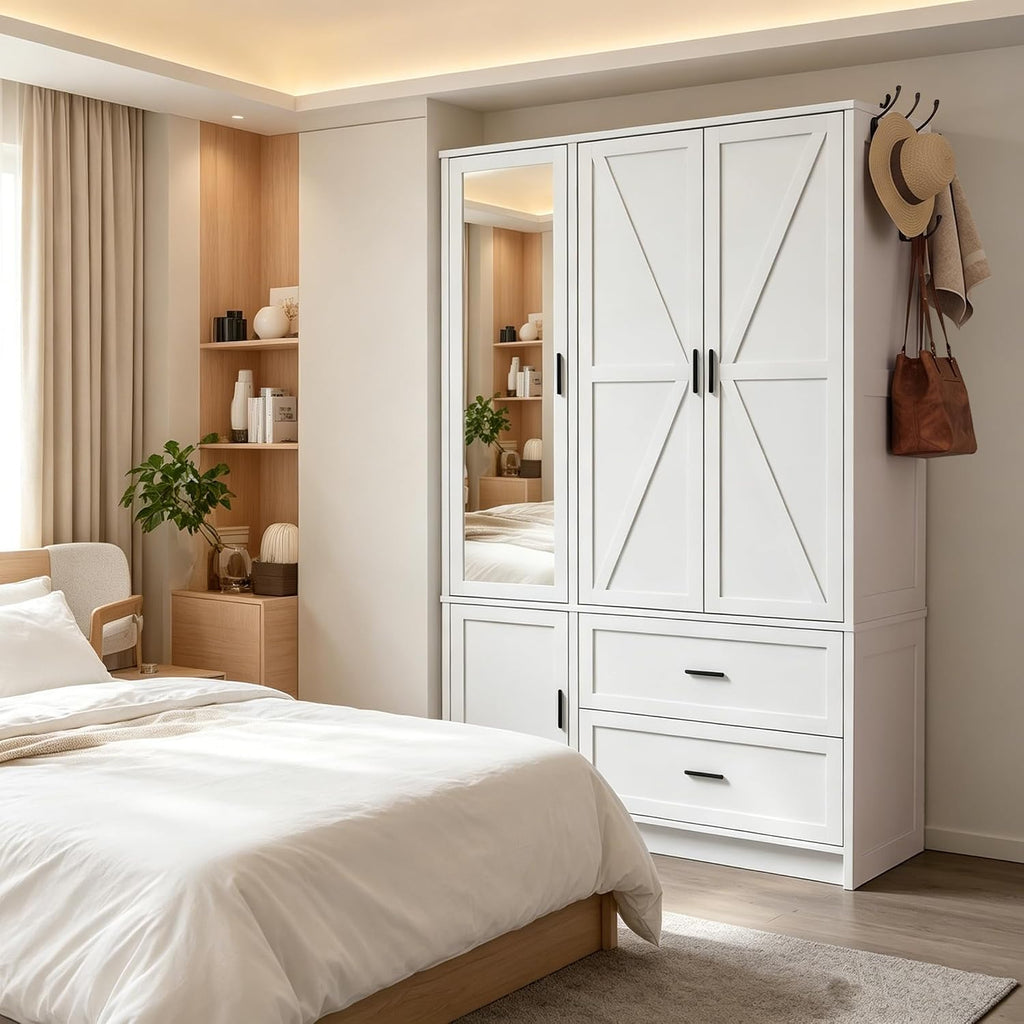 Wooden Wardrobe Closet Armoire with 3 Doors, White Storage Cabinet with Mirror and Led Lights, Bedroom Large Capacity
