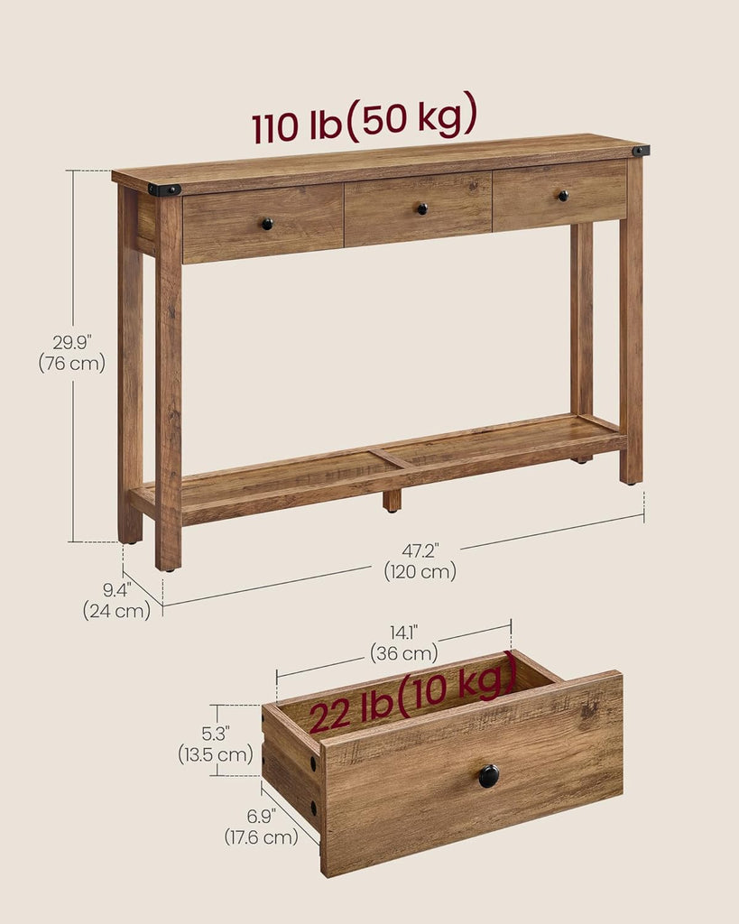 Console Sofa Table, Narrow Entryway Table with 3 Drawers, Open Storage Shelf, Metal Corners, , Farmhouse
