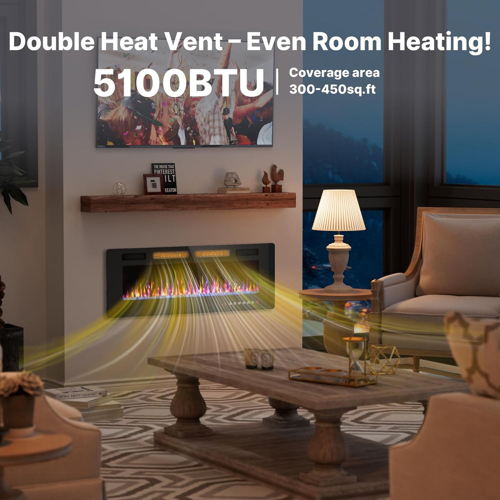 42" Ultra Thin Electric Fireplace Insert-ETL Certified, Recessed/Wall Mount, 3D Flame with Crystal