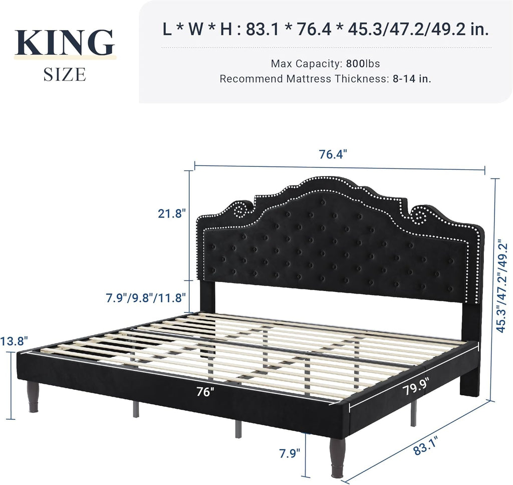 King Bed Frame with Adjustable Velvet Tiara Headboard, Upholstered Diamond Button Tufted Platform Bed