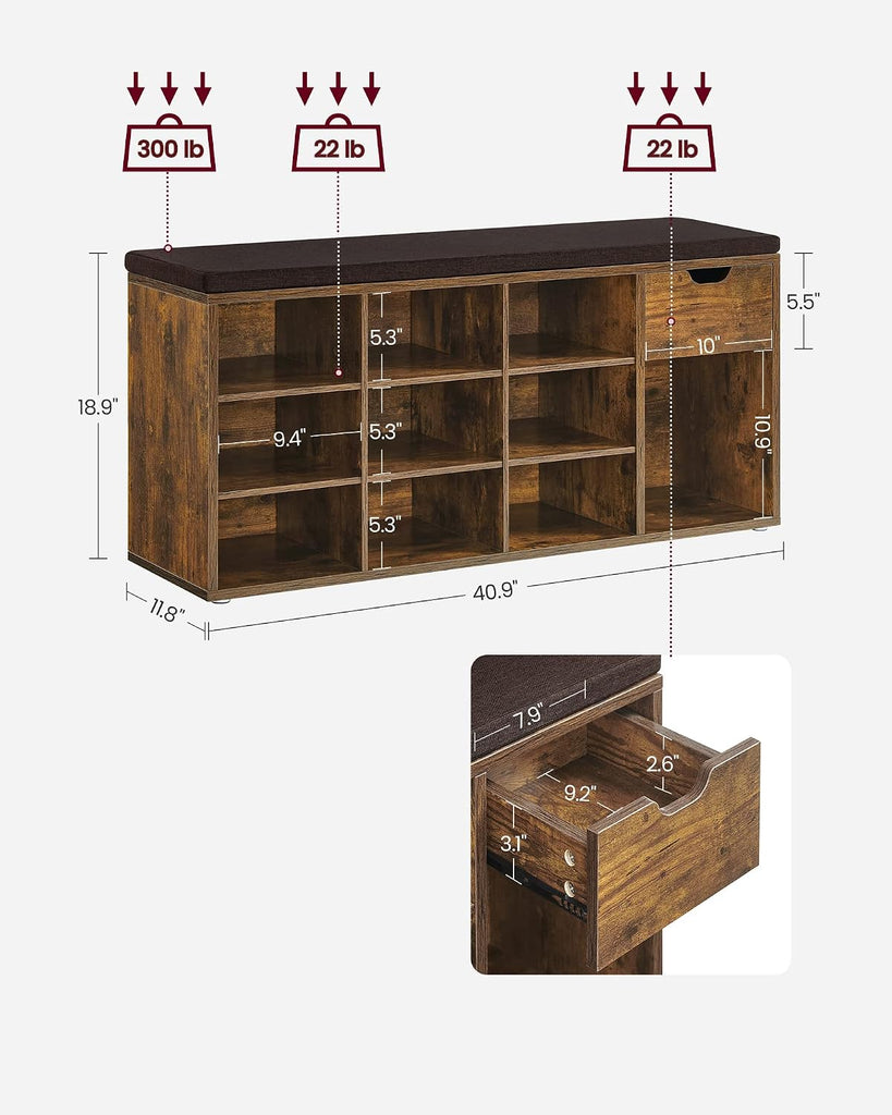 Storage Bench, Entryway Bench with Cushion, Drawer and Open Compartments, Bench with Storage, Living