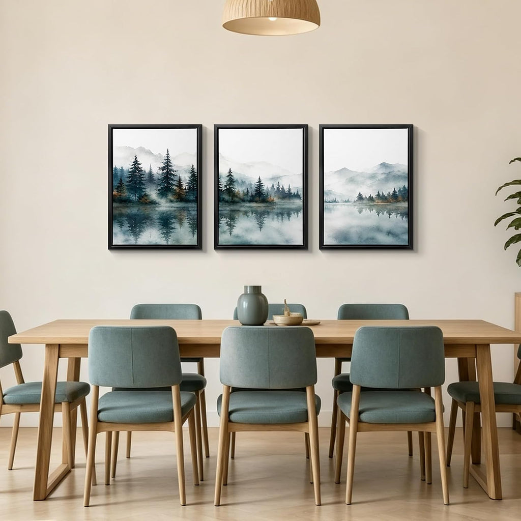 Framed Nature Mountain Wall Art, 3 Piece Forest Watercolor Canvas Prints, Misty Lake Landscape Pictures Bedroom