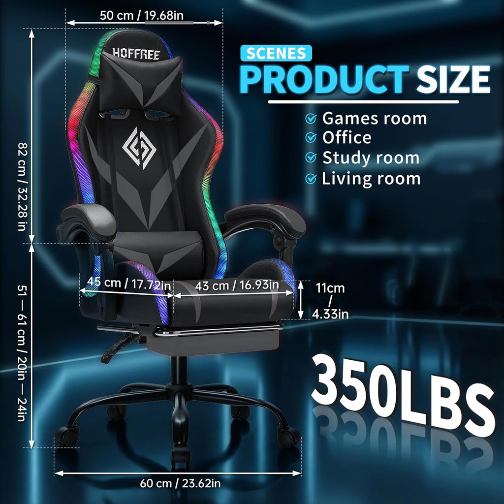Gaming Chair with Bluetooth Speakers RGB LED Lights Computer Chair-Grey