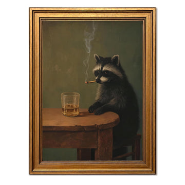 Vintage Gold Framed Whimsical Raccoon Wall Art, Funny Dark Academia Raccoon Pictures Wall Decor, Moody Cool Animal