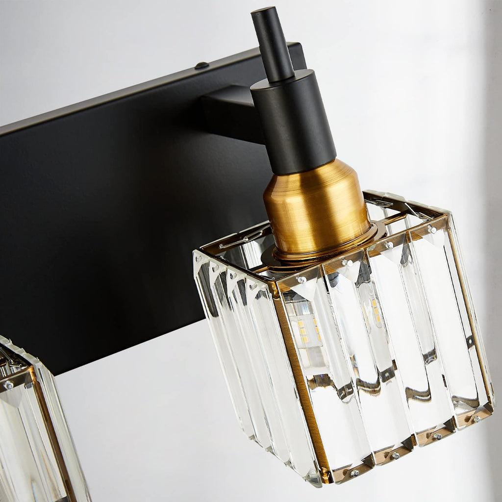 Modern Crystal Bathroom Vanity Light 2-Lights Black and Gold Bathroom Light Fixtures Over Mirror Bath Wall Sconce