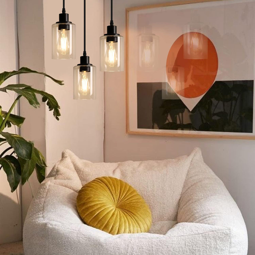 Industrial 3-Light Pendant Light, Adjustable Hanging Light Fixture with Clear Glass Shade, Pendant Lighting E26 Base