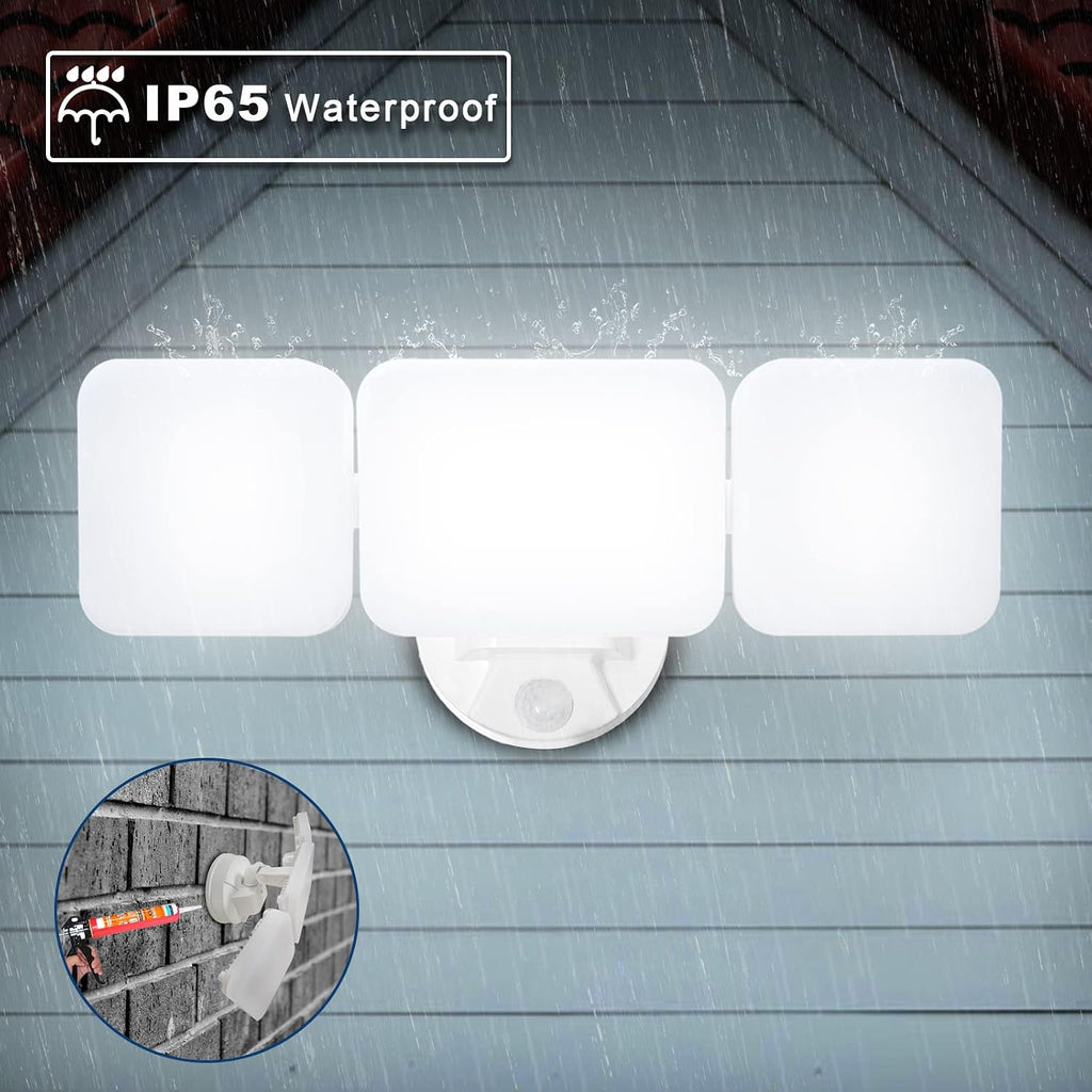 45W 3-Head Motion Sensor Flood Light, White, 1-Pack | Hardwired, Dusk to Dawn, 4500LM Anti-Glare Frosted Lens, IP65