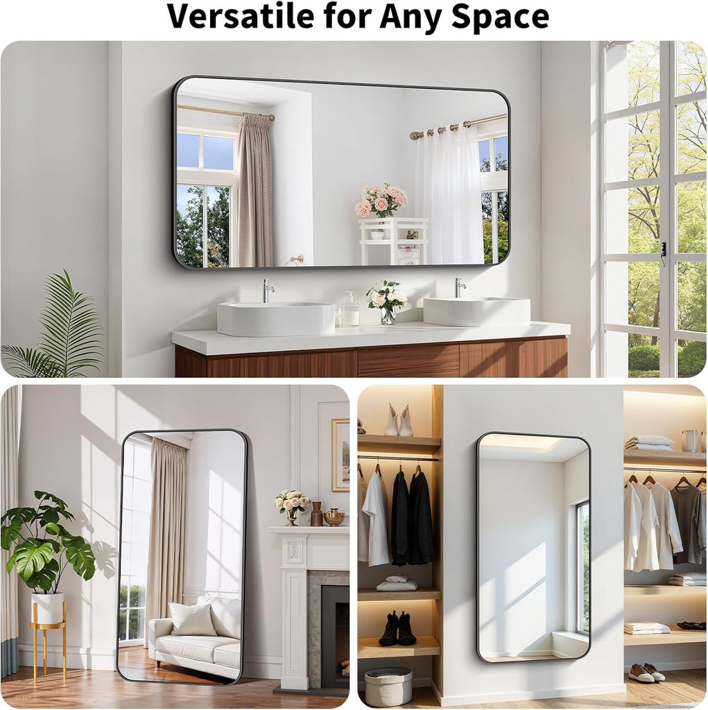 Black Framed Bathroom Mirror - 30x60 Inch Shatterproof Tempered Glass Vanity Mirror Sink, Wall Mounted with Matte