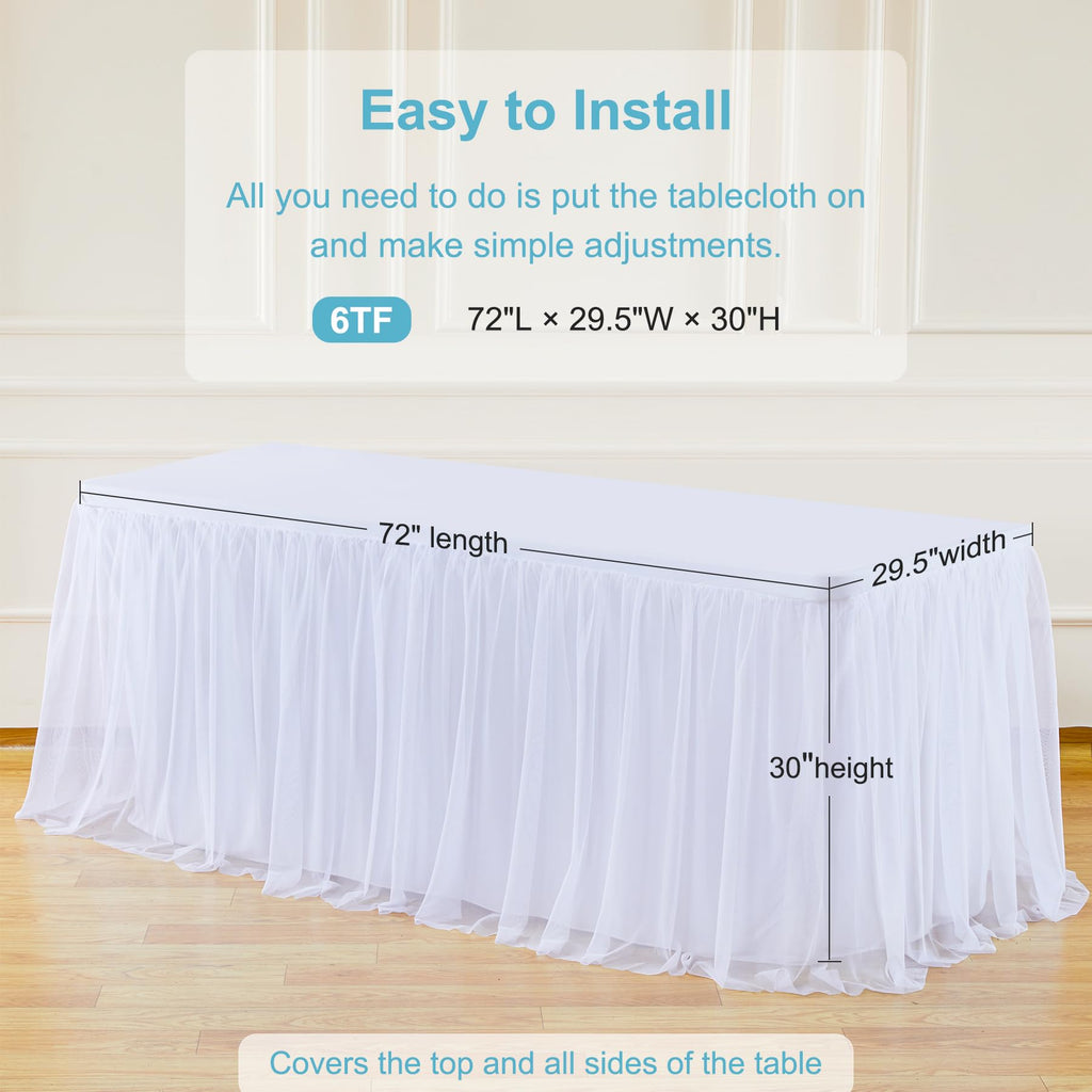 Table Cloths 6 Foot Rectangle Stretch Ruffle Tulle Tablecloth Spandex Fitted Table Cover for 6 Foot Tables White