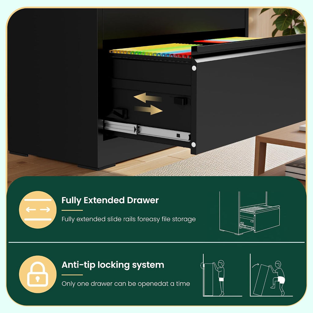 4 Drawer Lateral File Cabinet with Lock, File Cabinet ,Black | Heavy-Duty Steel Locking File Cabinet, Hanging