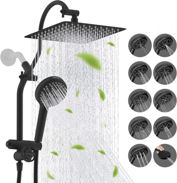 CUPC Certified All Metal 10" Rainfall Showerhead Combo, High Pressure Shower Head with 10-Spray Mode Handheld