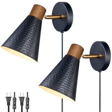 Black Plug in Wall Sconces Set of 2, Modern Bedroom Wall Light with on/off Cord, Wooden Plug Sconce with Hammered