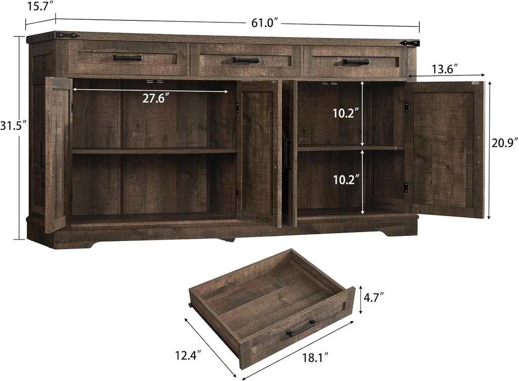 Buffet Cabinet, 61” Large Sideboard Buffet Storage Cabinet with 3 Drawers, Farmhouse Coffee Bar with 4 Doors