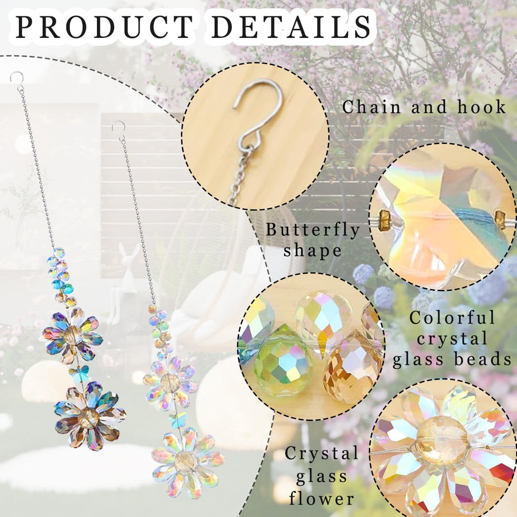 2 PCS Crystal Flower Sun Catcher Prisms Colorful Suncatcher Hanging Ornament Crystals Sunflower Rainbow Maker