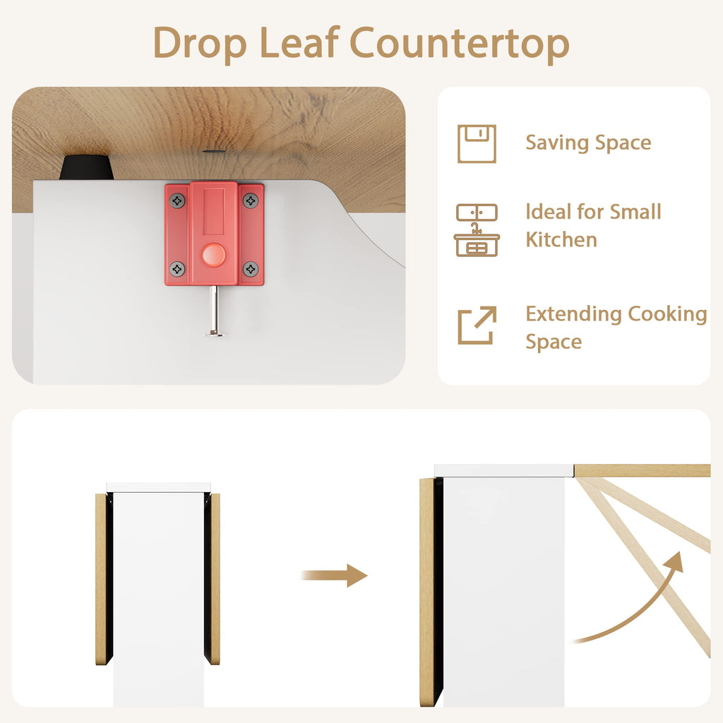 FoldingTable, Drop Leaf Dining Table with 6 Wheels and 2-Layer Storage Shelf, Space Saving Table for Small Spaces