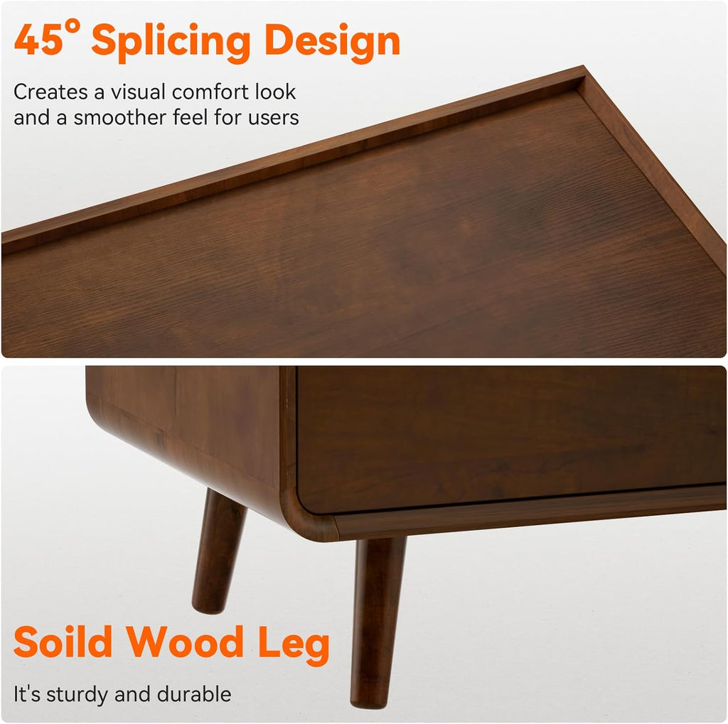 25.43" Walnut Finish Nightstand with Charging Station Mid Century Modern Night Stand with Leg Wood Bedside Table with