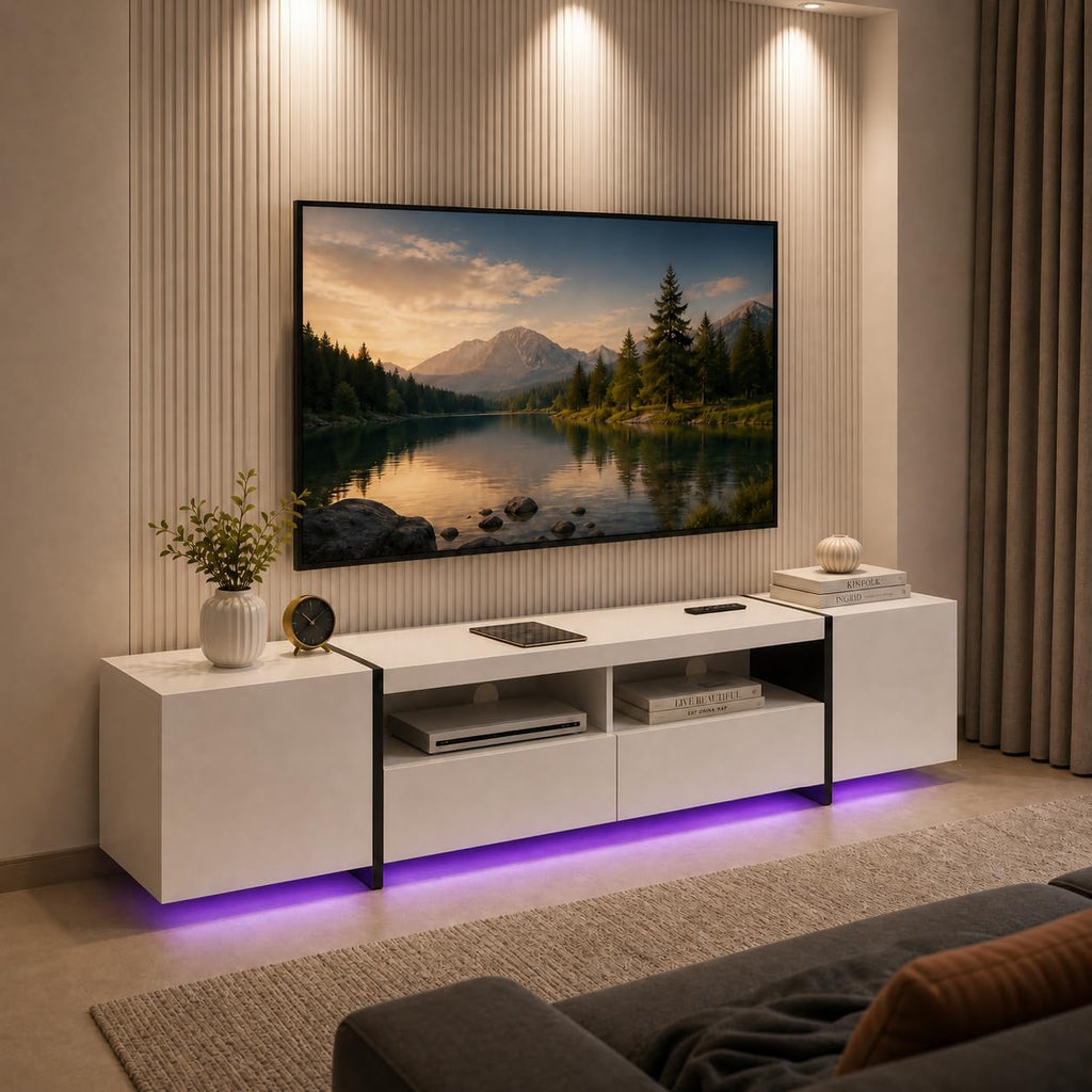 Modern 80 inch TV Stand for 75" 80" Up to 85" TV, LED TV Media Console with Power Outlets, Entertainment Center with Large Storage Cabinet for Living Room, White