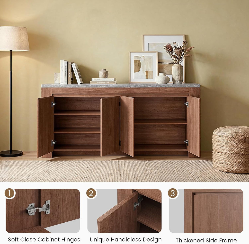 Buffet Cabinet with Storage, 63" Sideboard Buffet Accent Cabinet with Faux Marble Top & 4 Doors