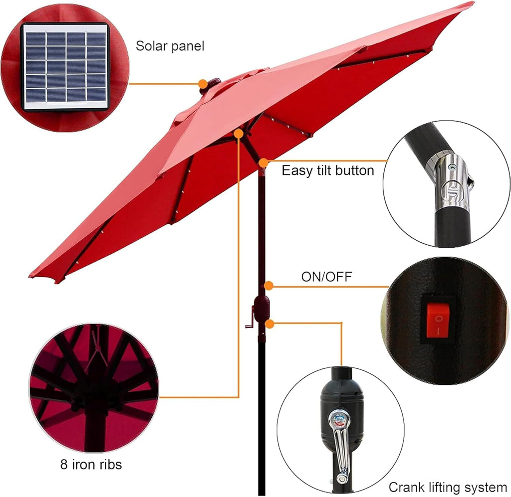 9 ft Solar Umbrella, 32 LED Lighted Patio Umbrella, Table Market Umbrella, Outdoor Umbrella Pool and Beach (Red)