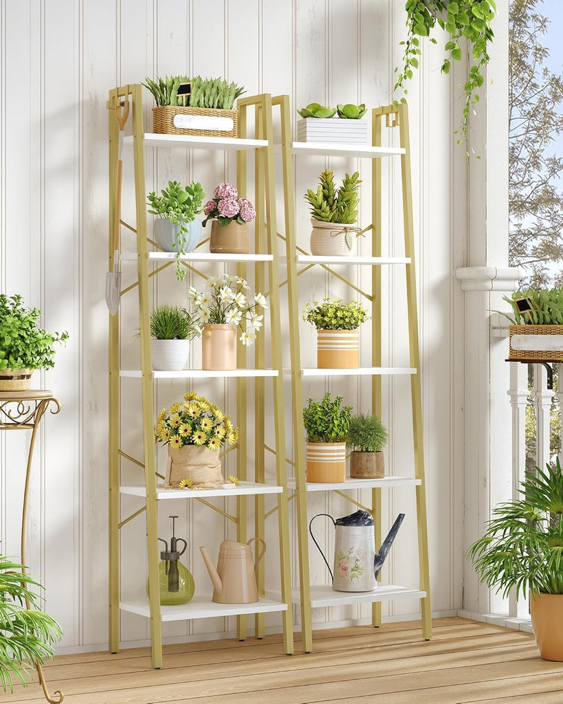 Ladder Shelf, Bookshelf Bookcase, Freestanding Corner Storage Shelve with 2 Hooks, Industrial