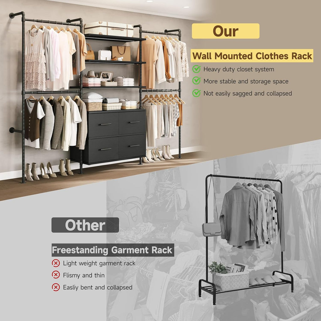 T3 Closet System with Stepless Dimmable LED Light, Industrial Pipe Clothing Rack with 4 Drawers, 6 Wooden Shelves & 4