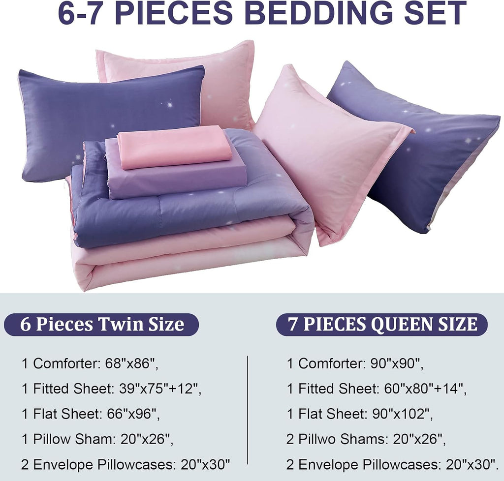 Girls Comforter Set / Colorful Ombre Pink Rainbow Bedding Set Bed in A Bag for Kid Teen Girls 7 PC