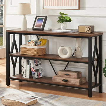 Sofa Console Table, Rustic Entry Table with 3 Tier Bookshelf, Brown 47 Inch