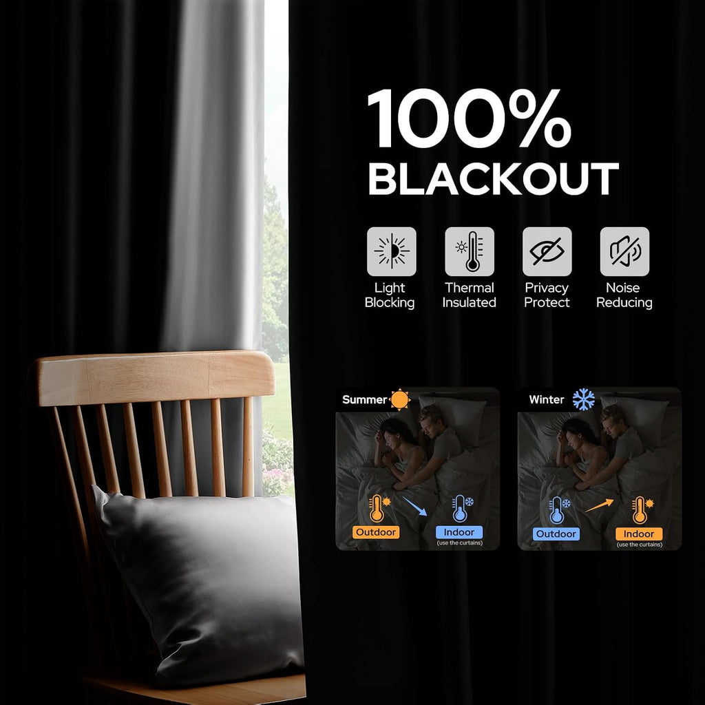 100% Blackout Faux Silk Curtains,Greyish White Noise Reduction Thermal Insulated Room Darkening Window Drapes, Luxury (2 Panels)