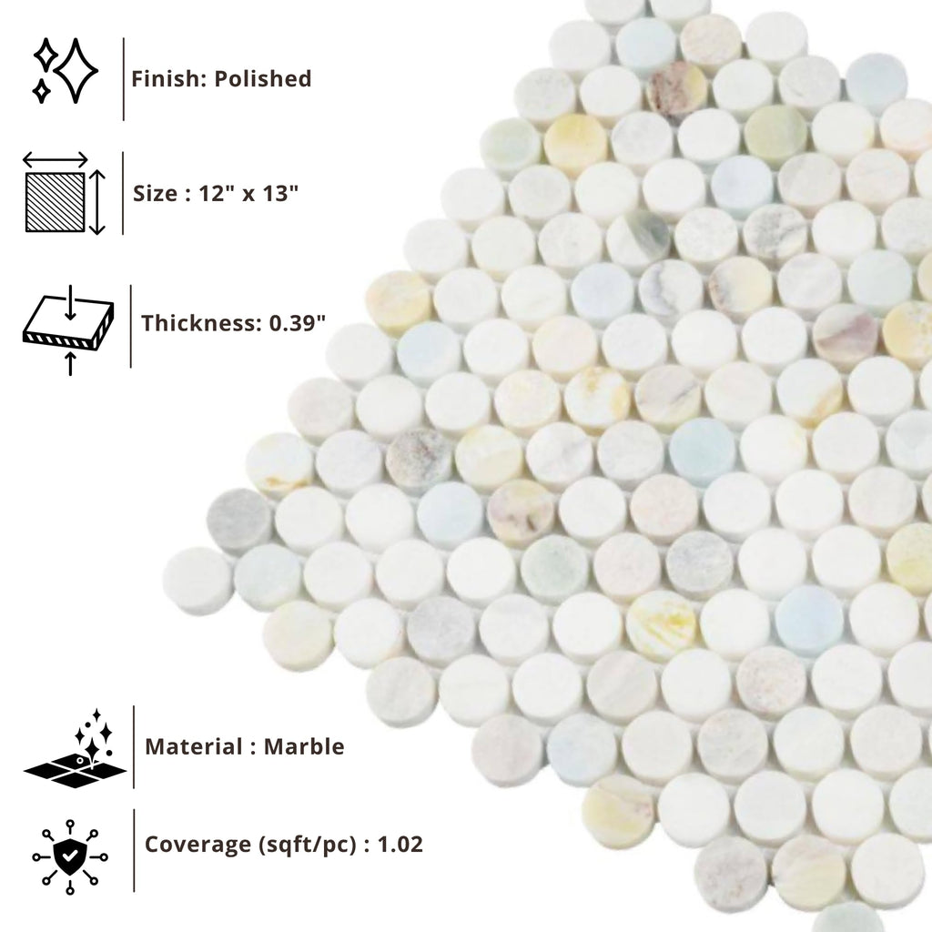 Aurora Pearl Round Marble Mosaic Tile - Polished Natural Stone Sheet Backsplash, and Shower Accent (1 Sheet)
