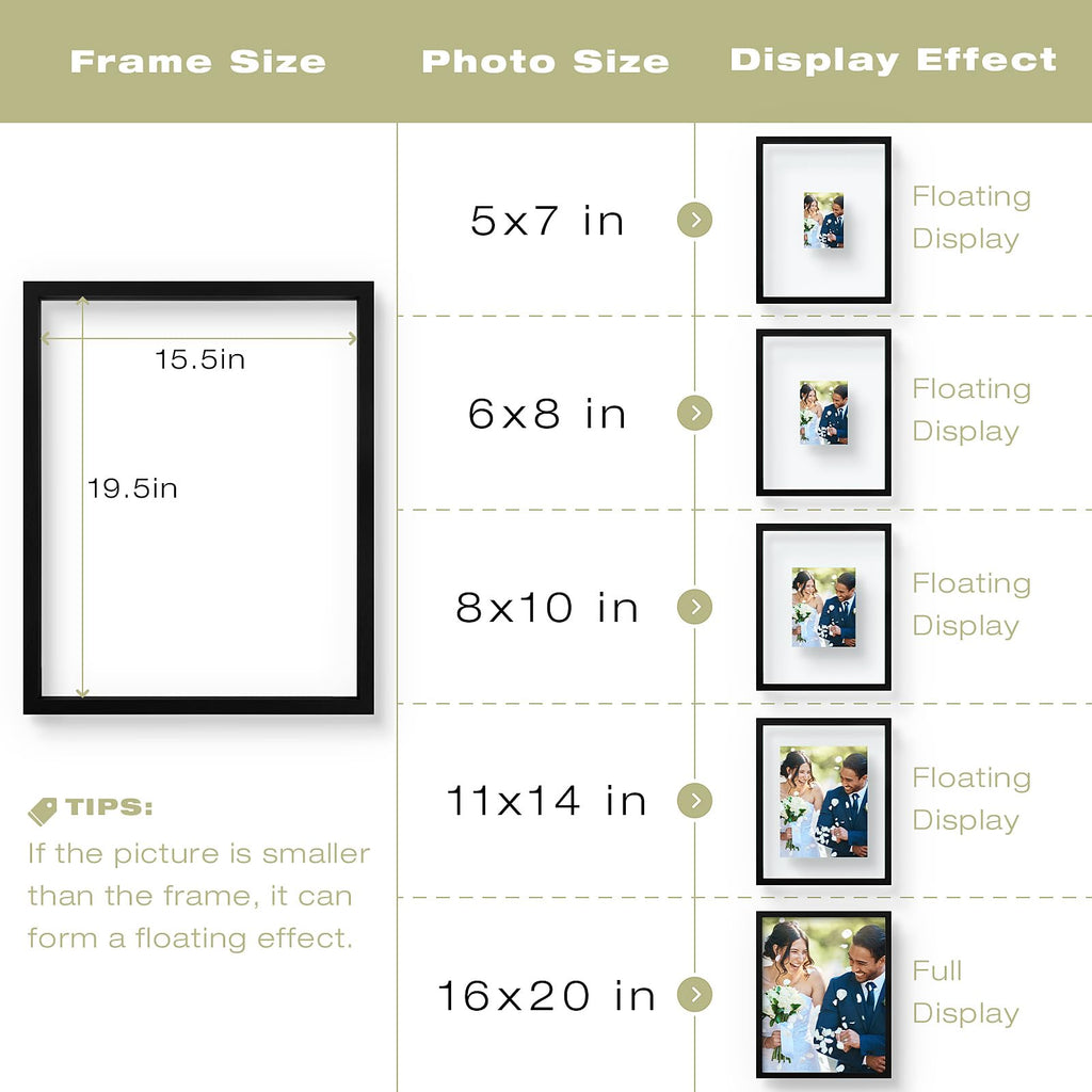 16x20 Floating Picture Frame Black - Solid Wood for Pressed Flower -1 Pack