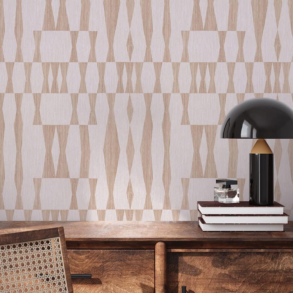 Beige Textured Faux Grasscloth Geo Removable Peel and Stick Wallpaper, 20.5 in X 16.5 ft, Made in The USA, Jute