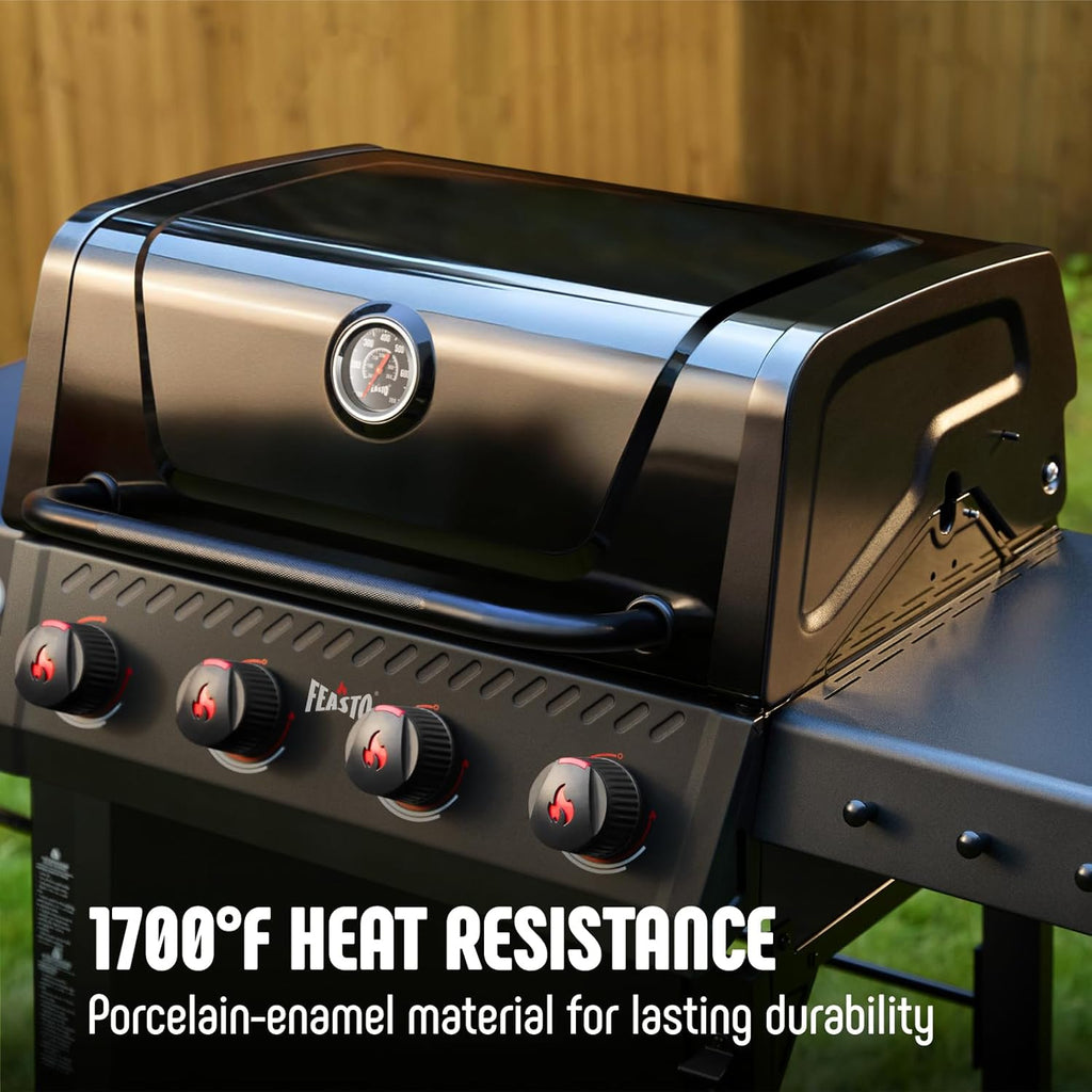 4-Burner Propane Gas Grill, 36,000 BTU BBQ Grill with Side Table, Premium Porcelain-Enameled Grates, Outdoor Patio and Backyard Cooking