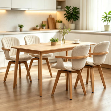 Swivel Set of 4 with Arms Mid Century Modern Beige Charcoal Linen Look Fabric Kitchen Chairs, Bamboo Wood Legs Side