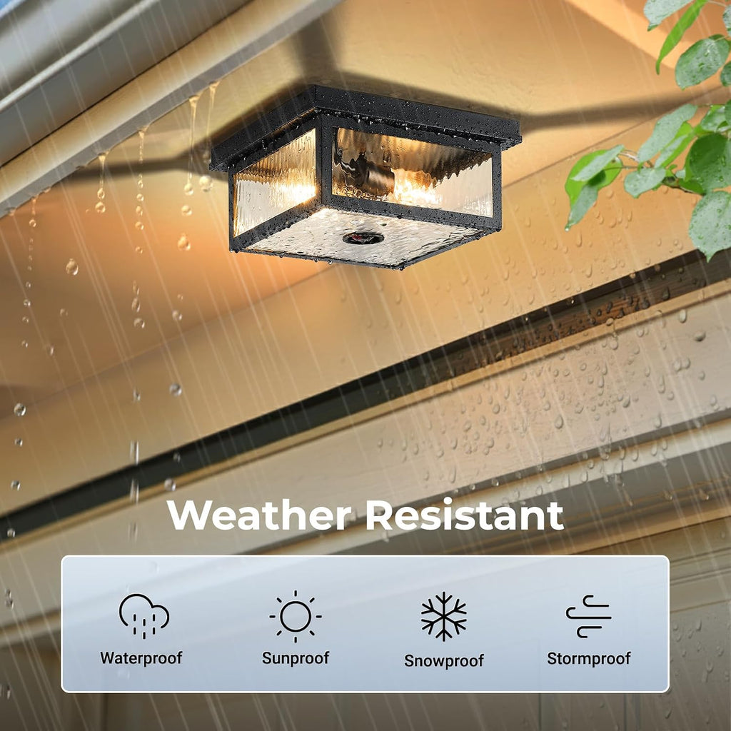 Black Motion Sensor Outdoor Ceiling Light with Remote Control, Flush Mount Ceiling Lighting for Porch, Garage