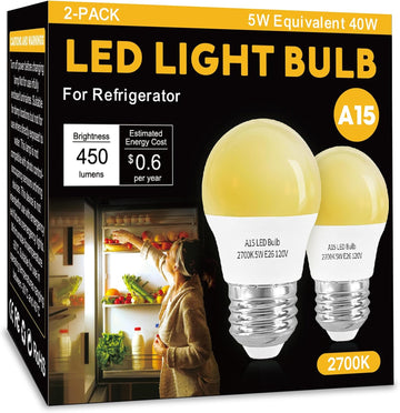 LED Refrigerator Light Bulb 2 Pack A15 2700K 40W Equivalent