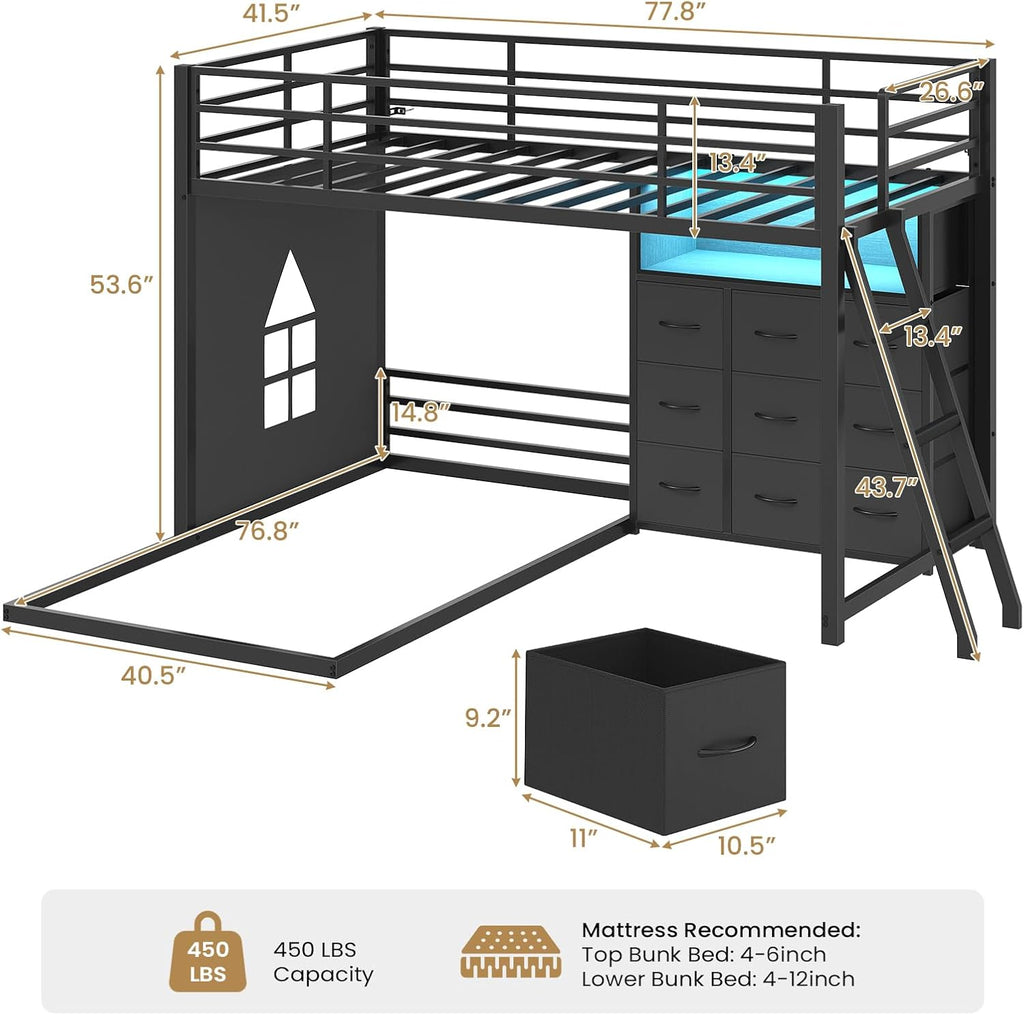 Low Bunk Bed Twin Over Twin with 9 Storage Drawers, L-Shaped Twin Bunk Beds with LED Lights & Play Area