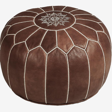 Stuffed Round Design Pouf Ottoman, Pre-Filled, 100% Genuine Leather, 13" Height x 20" Diameter, Footstool & Living