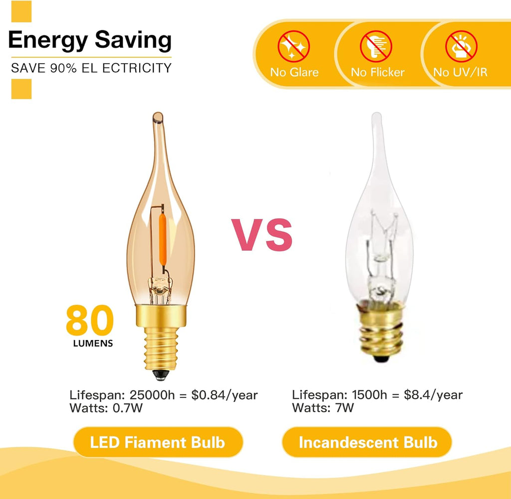 LED Vintage Candelabra Bulbs Night Lights E12 C22T Edison Candle Bulbs Filament Flame 7 Watt Equivalent LED