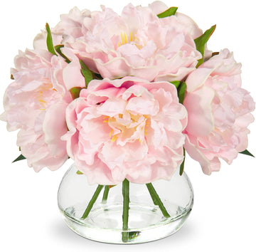 Pink Peonies Artificial Flowers with Vase Faux Flowers Peony Fake Flowers Silk Flower Arrangements in Glass Vase with