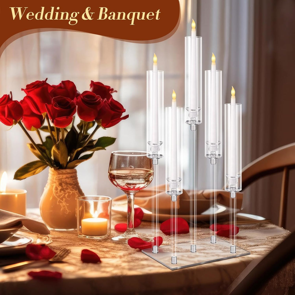8 Pcs 5 Arm Acrylic Candelabra Centerpieces Clear Candelabra Candle Holder Crystal Taper Candlestick with Rectangular