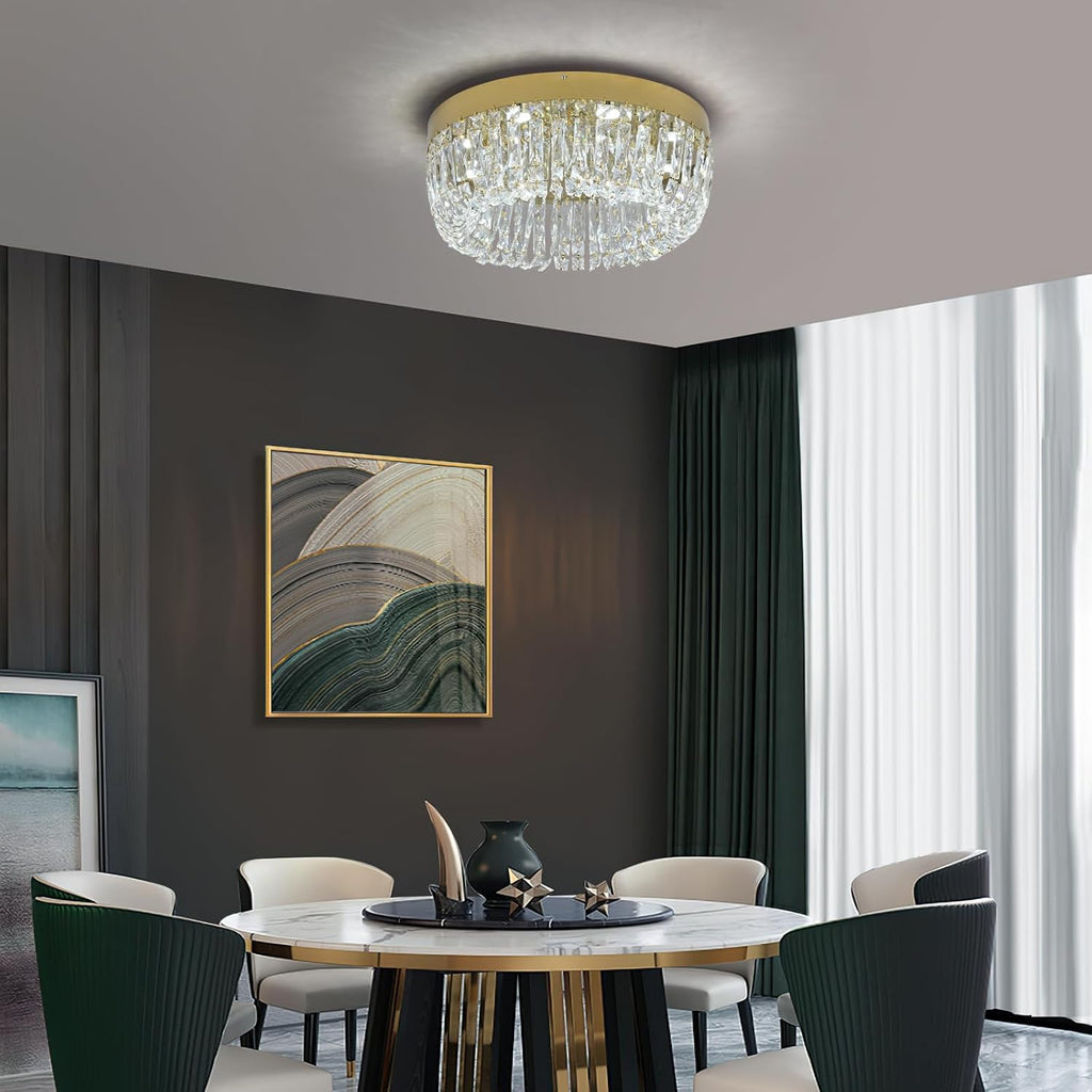 Luxury Gold Crystal Chandelier Flush Mount Ceiling Light, 19.7" Modern LED Lighting Fixture for Bedroom Kitchen