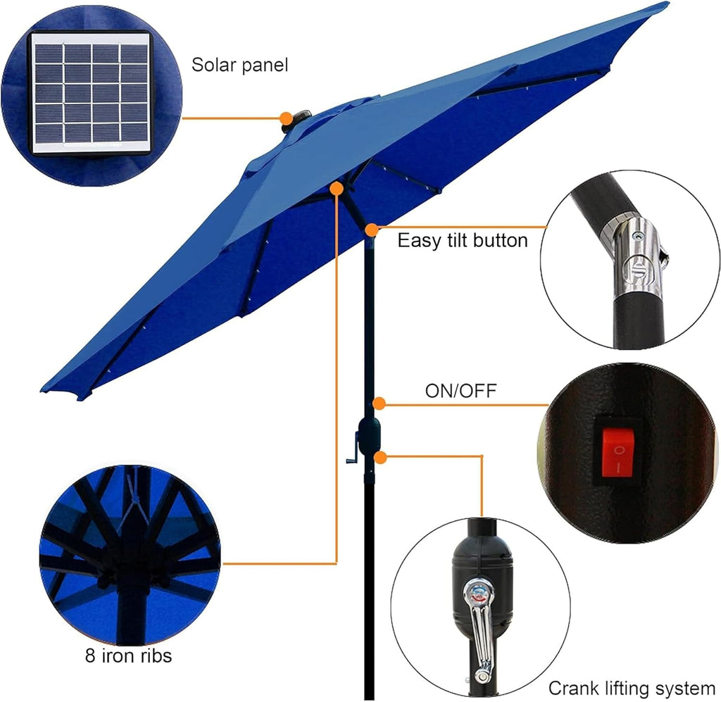 9 ft Solar Umbrella 32 LED Lighted Patio Umbrella Table Market Umbrella with Tilt and Crank Outdoor Umbrella Poo - 4M4L