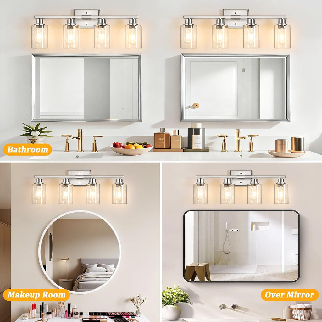 4-Light Bathroom Light Fixtures, Modern Vanity Lights with Clear Glass Shades, Brushed Nickel Bathroom Wall Lamp for