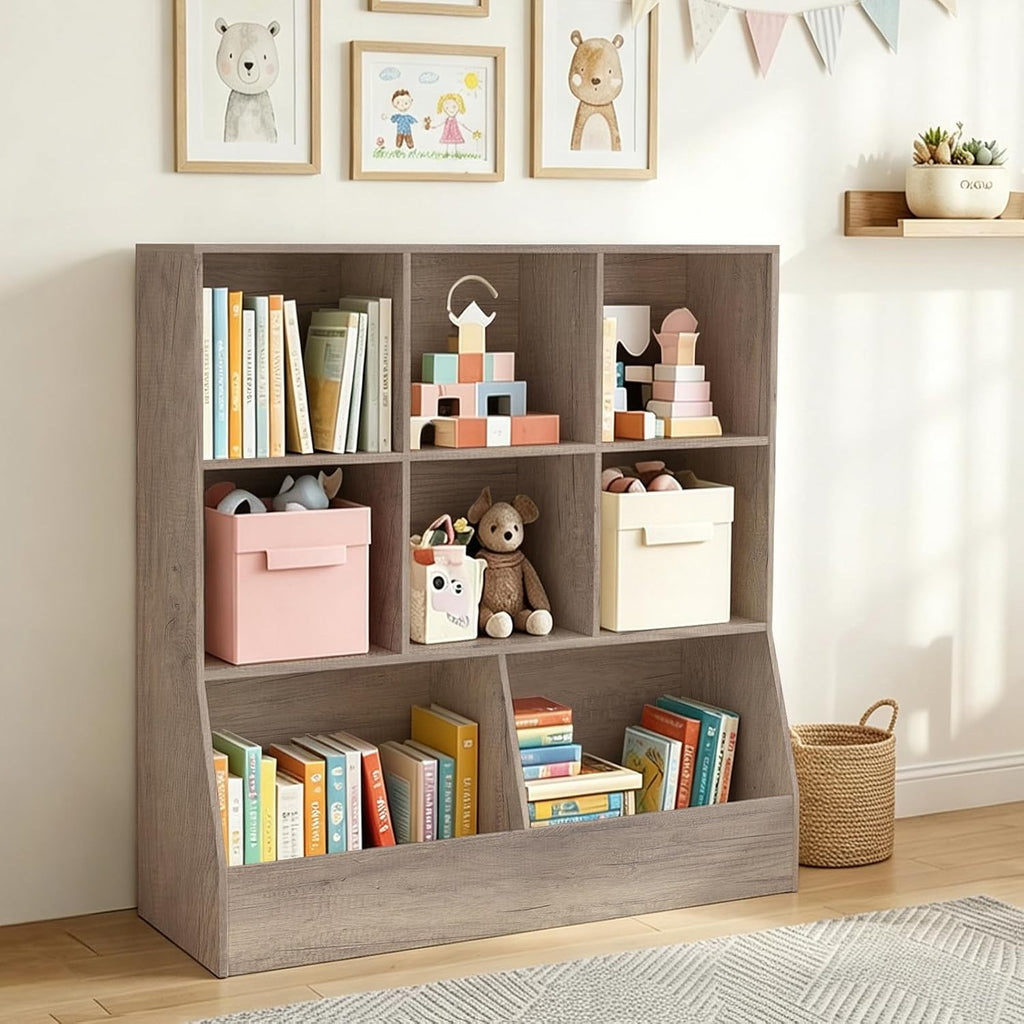 Toy Storage Organizer, Kids Cubby Cabinet with Bookshelf, 8-Cube | 3-Tier Wood Toy Book Shelf, Anti-Tip Structure
