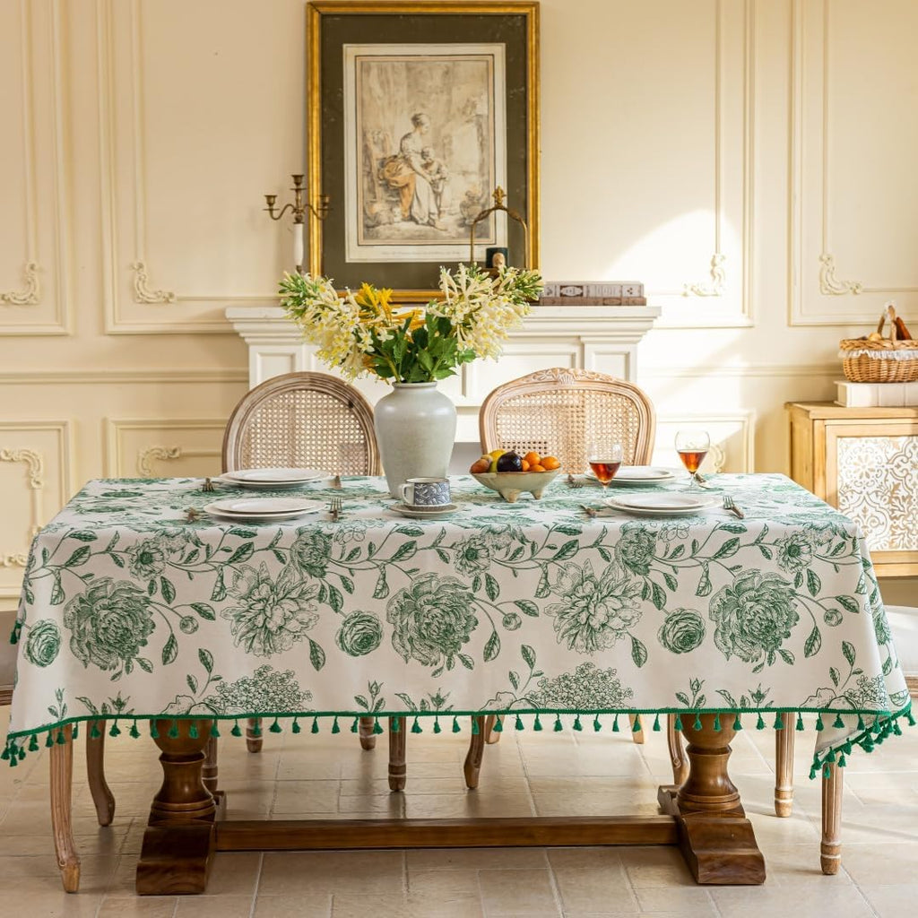 Boho Tassel Tablecloth Cotton Linen Floral Tablecloths and Dining Table Covers Home Decor, Rectangul