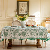 Boho Tassel Tablecloth Cotton Linen Floral Tablecloths and Dining Table Covers Home Decor, Rectangul